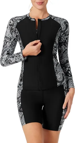 Vista 2 de JACK SMITH Traje de baño de tres piezas con protección contra sarpullido de manga larga para mujer, con cremallera frontal, traje de baño tipo
