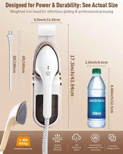 Vista 6 de Vaporizador 3 en 1 para ropa, 1500 W a prueba de fugas, 11.2 fl oz 1500W, 30s Fast Heat-Up. Includes Heat-Resistant Glove & Brush. For Home &