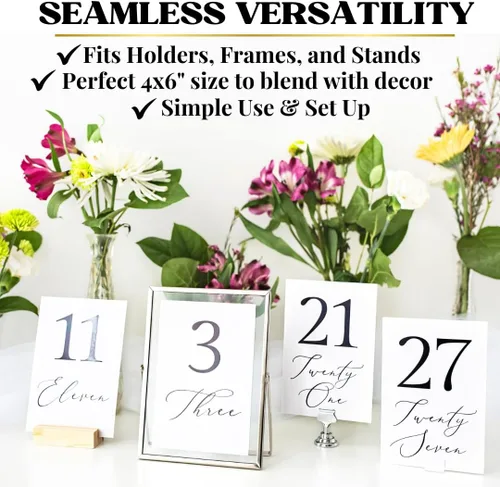 Vista 5 de Números de mesa del 1 al 30 Elegantes tarjetas de números de aluminio negro, de doble cara, resistentes de 4 x 6 pulgadas con cabeza y mesa