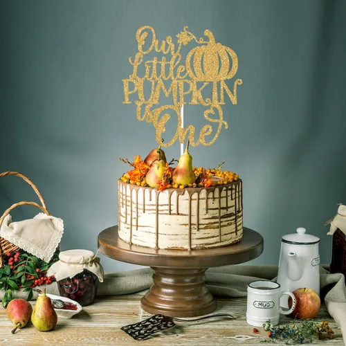 Vista 3 de Purpurina dorada, "Our Little Pumpkin is One Cake Topper, Little Pumpkin/Sweet Little Pumpkin/Pumpkin One, calabaza, otoño, temática, decoración