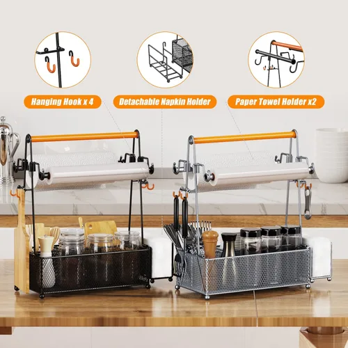 Vista 3 de PHINOX Organizador de utensilios con asa y portarrollos de toallas de papel, organizador de cubiertos y condimentos para fiestas, pícnic y Negro