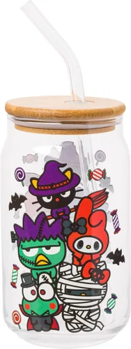 Vista 38 de Silver Buffalo Sanrio - Vaso de vidrio con tapa de bambú y sorbete de vidrio de fotos de Badtz-Maru, 16 onzas