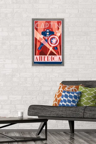 Vista 2 de Trends International Marvel Comics - Póster de pared Art Deco, Capitán América, 14.725 x 22.375 pulgadas, versión enmarcada de madera de granero