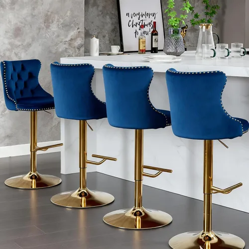 Vista 12 de Taburetes de bar giratorios de terciopelo con base dorada, juego de 4 sillas ajustables para isla de cocina Beige