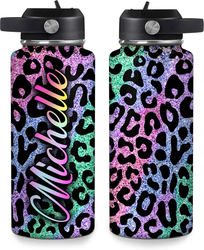 Vista 10 de Hyturtle Botella de agua personalizada de leopardo, botella de acero inoxidable aislada con tapa a prueba de fugas, 18 onzas, 32 onzas, regalo