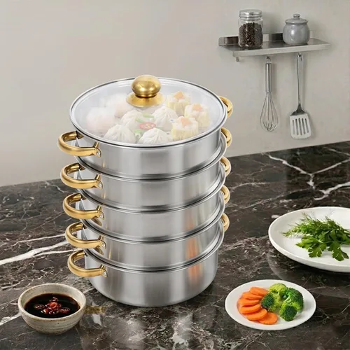 Vista 4 de Steamer Pot,5-Tier Stainless Steel Stockpot Steamers with Glass Lid and Anti-Scalding Handles,Polishing Steamer Cookware Pot for Induction Cookers
