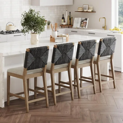 Vista 21 de Nathan James Beacon Taburete de bar bohemio con respaldo, de altura de bar, silla para isla de cocina, taburete de bar de seagrass, bouclé