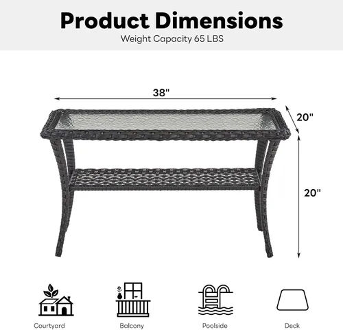 Vista 3 de Belord Mesa de centro para exteriores de 38 pulgadas con almacenamiento de 2 niveles, mesa de centro de mimbre con textura ondulada de agua, parte