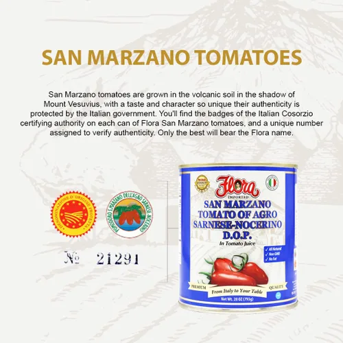 Vista 4 de Flora Foods Tomatoes San Marzano DOP 28 oz (793 g) Ganador 100% de calidad italiana Importado, sin grasa, sin gluten, sin colesterol