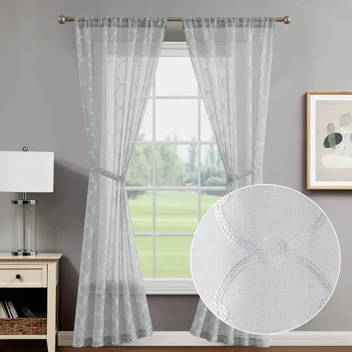 Vista 17 de Creative Home Ideas Cortinas transparentes (2 paneles, 38 x 63 pulgadas, azul), paneles de cortina geométricos bordados con alzapaños, cortinas