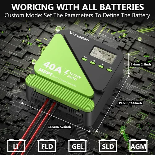 Vista 8 de Vansdon Controlador de carga solar de 40 A, controlador de carga solar MPPT de 12 V/24 V, LCD ajustable con temporizador, puertos USB duales
