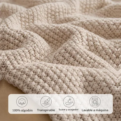 Vista 3 de Manta de punto gruesa de cable beige ligera 100% algodón orgánico para sofá, sofá cama, bebé, guardería, rústico, shabby chic, moderno, granja, 51