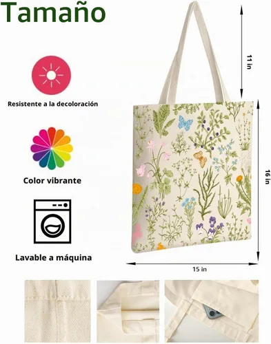 Vista 4 de AUSVKAI Bolsa de lona estética para mujer, lindas bolsas de algodón reutilizables de tela para la universidad, compras, playa, comestibles, regalos