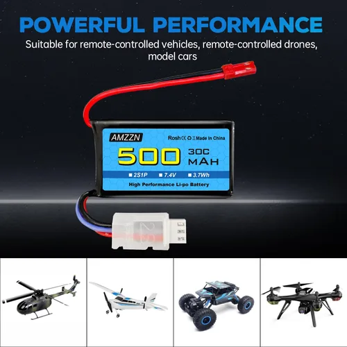 Vista 6 de 7.4V 500mAh 30C JST-2P Plug Lipo batería con USB para helicópteros controlados a distancia, cuadricópteros, autos de carreras micro FPV, drones