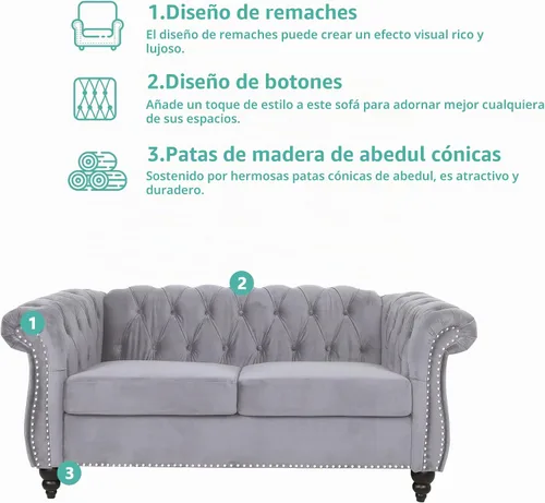 Vista 3 de QHITTY Sofá de Acento, Sofá Biplaza Chesterfield Moderno de Terciopelo, Sofá Tapizado con Respaldo Capitoné para Muebles de Sala de Estar (Gris)
