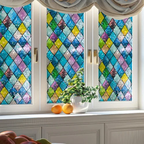 Vista 3 de WALPLUS Película decorativa de privacidad para ventana, diseño de arco iris, película extraíble para ventana, bloqueador solar estático, control