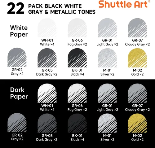 Vista 2 de Shuttle Art - Bolígrafos de colores, 22 tonos negro, blanco, gris y metálico, lindos bolígrafos para diario, 0.6mm de punta fina, bolígrafos de gel