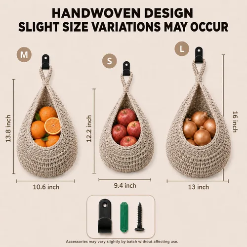 Vista 2 de Cestas de frutas colgantes para cocina, paquete de 3 cestas de L-Lino Claro