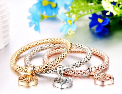 Vista 8 de SILANER Pulseras multicapa con dijes de cristal, 3 unidades, oro y plata, oro rosa, pulsera elástica en forma de corazón para mujer, árbol de la vida