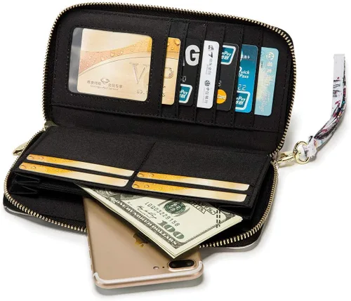 Vista 214 de Cartera de mano para mujer, estilo bohemio, con RFID, elegante, espaciosa con correa para viajes, capacidad para tarjetas, teléfono, dinero