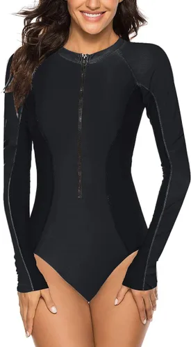 Vista 13 de SELINK Traje de baño de una pieza de manga larga para mujer, protección UV, con cremallera, estampado de surf