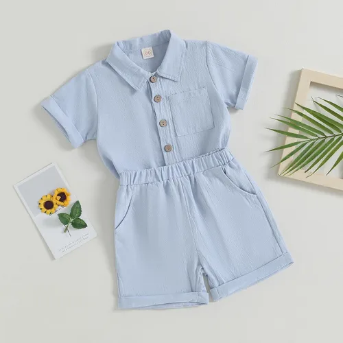 Vista 3 de AEEMCEM Conjunto de 2 piezas de camisa y pantalones cortos de algodón de lino de algodón de color liso para niños pequeños