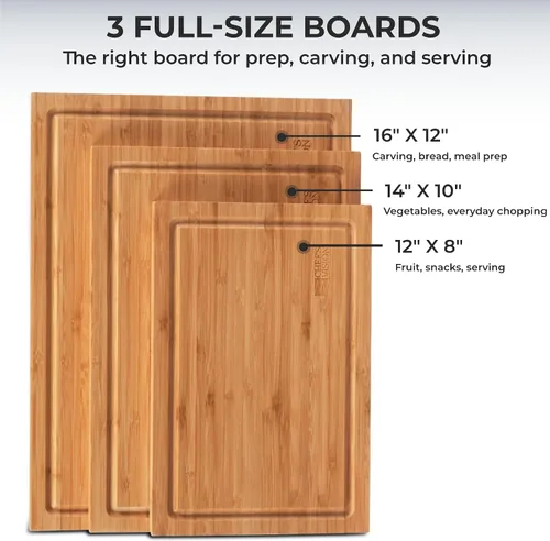 Vista 2 de Chef's Vision Juego de tablas de cortar de bambú (3 piezas) - Tablas de madera para cortar de cocina con ranura para jugo y asas, tamaños grandes