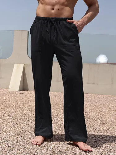 Vista 3 de WOWULOVELY Pantalones casuales de lino de algodón para hombre, holgados, ligeros, con cintura elástica, pantalones de yoga, playa, bolsillos