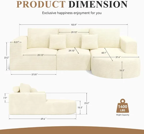 Vista 2 de Sofá modular con diván en forma de L, sofá cama moderno seccional Cloud con asiento profundo, sofás de compresión de esponja, no requiere montaje