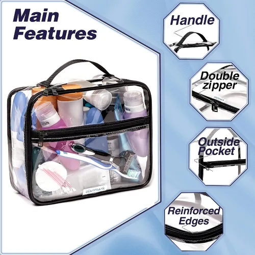 Vista 7 de Olanmark Neceser transparente aprobado por la TSA - Bolsa de maquillaje transparente grande para viaje, Claro