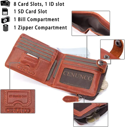 Vista 3 de Cenunco - Carteras de piel de vacuno para hombre estilo vintage con cierre de bolsillo