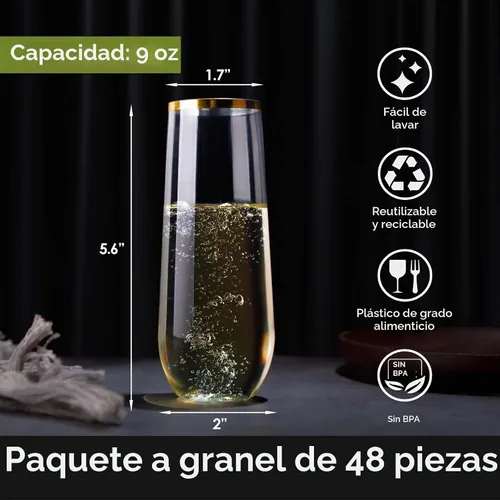 Vista 2 de Paquete de 48 copas de champán de plástico sin tallo, desechables irrompibles de 9 onzas con borde dorado, copas de champán elegantes e