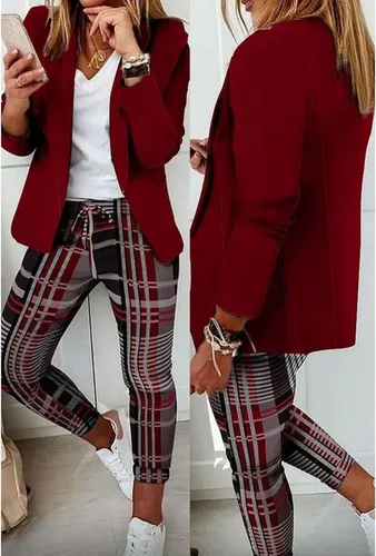 Vista 2 de Conjunto de 2 piezas para mujer, blazer de negocios, pantalón y pantalón para el trabajo, casual, clásico, con frente abierto, conjunto de cárdigan