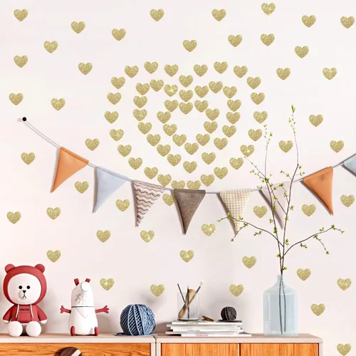 Vista 7 de 72 calcomanías de pared de corazón de amor, removibles, bricolaje, purpurina dorada, calcomanías de pared de corazones brillantes, calcomanías