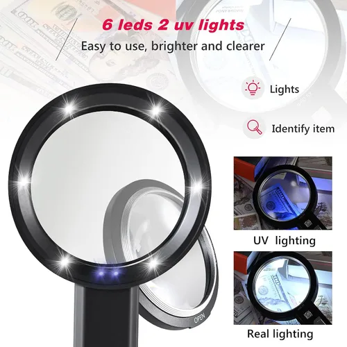 Vista 5 de Lupa con luz, recargable por USB, 5 x 10 x 15 x lupa de mano doble lente lupa 8 luces para leer impresiones pequeñas, lectura de personas mayores