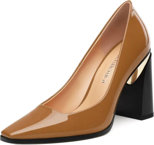 Vista 15 de Tacones altos para mujer, zapatos de vestir de tacón grueso con puntera cuadrada cerrada de patente, tacones elegantes, zapatos de vestir diarios