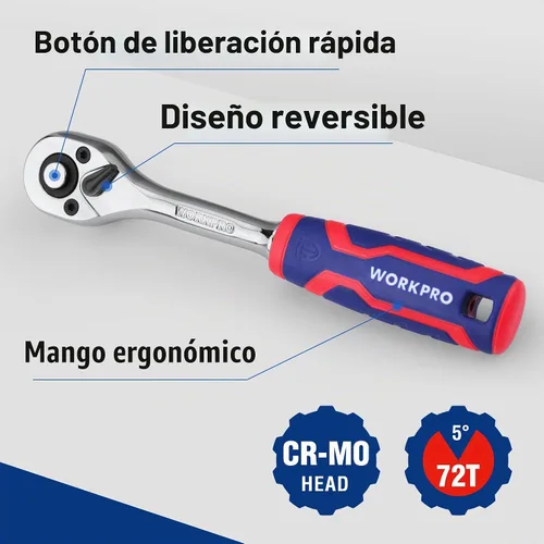Vista 6 de WORKPRO Llave de trinquete de 1/2", reversible de 72 dientes