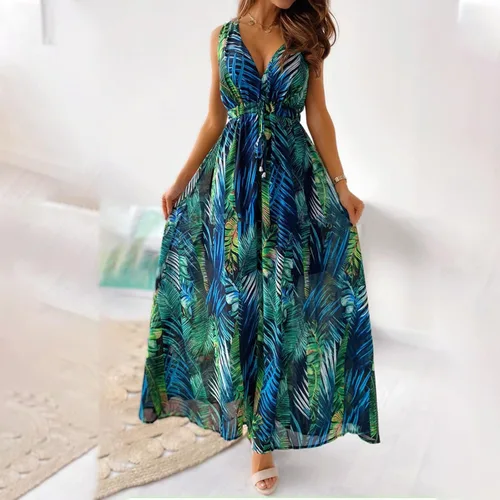 Vista 2 de Vestidos de playa para mujer, 2024, primavera, verano, moderno, elegante, envolvente, cuello en V, floral, bohemio, vestido largo hawaiano fruncido