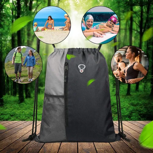 Vista 7 de Mochila con cordón, con estilo deportivo, bolsa de gimnasio para mujeres, hombres y niños, bolsa de gran tamaño con zíper y bolsillos de malla