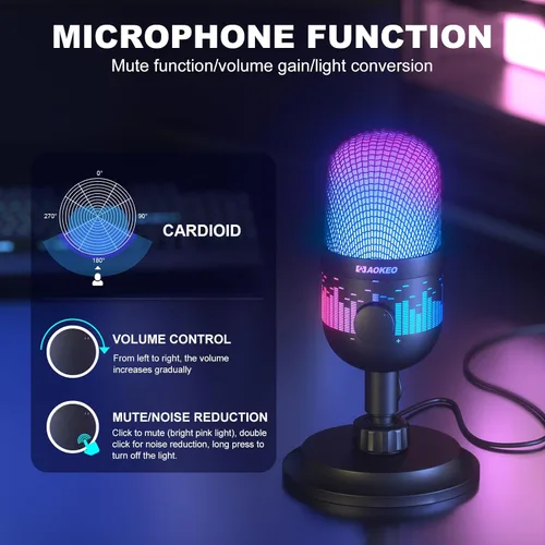 Vista 2 de Aokeo - Micrófono USB para juegos, micrófono de condensador para PC/MAC/PS4/PS5/Teléfono - Micrófono cardioide con iluminación RGB