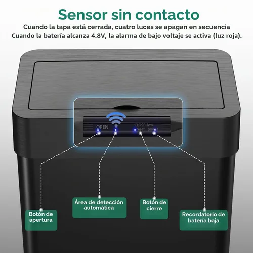 Vista 6 de Arlopu Cubo de basura automático, cubo de basura de acero inoxidable con sensor de movimiento, cubo de basura inteligente sin contacto, con tapa