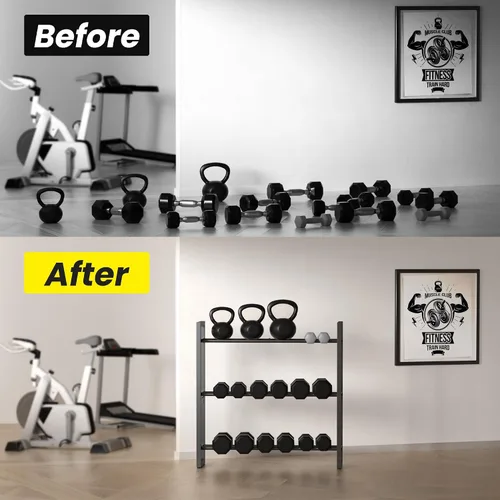 Vista 8 de Estante para mancuernas de 3 niveles, soporte de pesas para gimnasio en casa