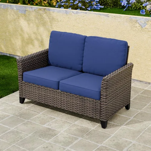 Vista 11 de COOS BAY Harbor Retreat - Sofá para exteriores, sofá de ratán de 3 plazas con cojines, muebles de patio pequeños para balcón o terraza, marrón/beige