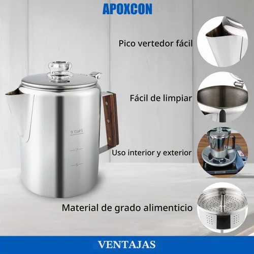 Vista 8 de APOXCON Cafetera de acero inoxidable con perilla de vidrio para usar en cualquier estufa, sin aluminio, sin plástico (9 tazas)