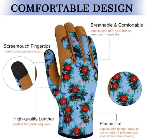 Vista 3 de Guantes de Jardinería de Cuero MERTURN para Mujeres, Guantes de Jardín a Prueba de Espinas, Guantes de Trabajo Compatibles con Pantalla Táctil