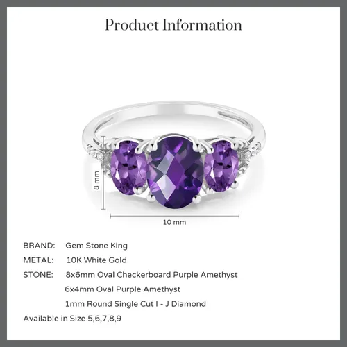 Vista 4 de Gem Stone King Anillo de compromiso ovalado de oro blanco de 10 quilates, amatista púrpura y diamante con detalle de 3 piedras