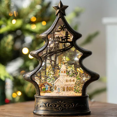 Vista 26 de Globo de nieve de Navidad con agua brillante de muñeco de nieve con música y temporizador, linterna iluminada con pilas para regalos de decoración