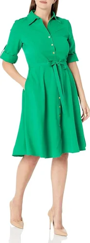 Vista 11 de Sharagano Vestido camisero plisado para mujer, manga 3/4, cuello en V, botones dorados Acacia