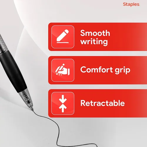 Vista 3 de STAPLES Bolígrafos retráctiles de punta media de 1.0 mm, tinta negra, paquete de 12 – Bolígrafos cómodos y de escritura suave para uso diario