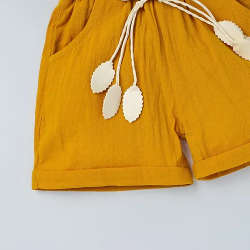 Vista 8 de FOCUTEBB Conjunto de ropa corta de verano para niñas pequeñas, camiseta de lino con cinturón